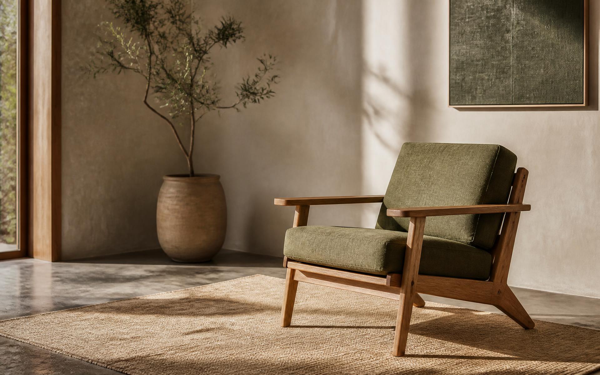Oak lounge chair with moss green upholstery in a sunlit room