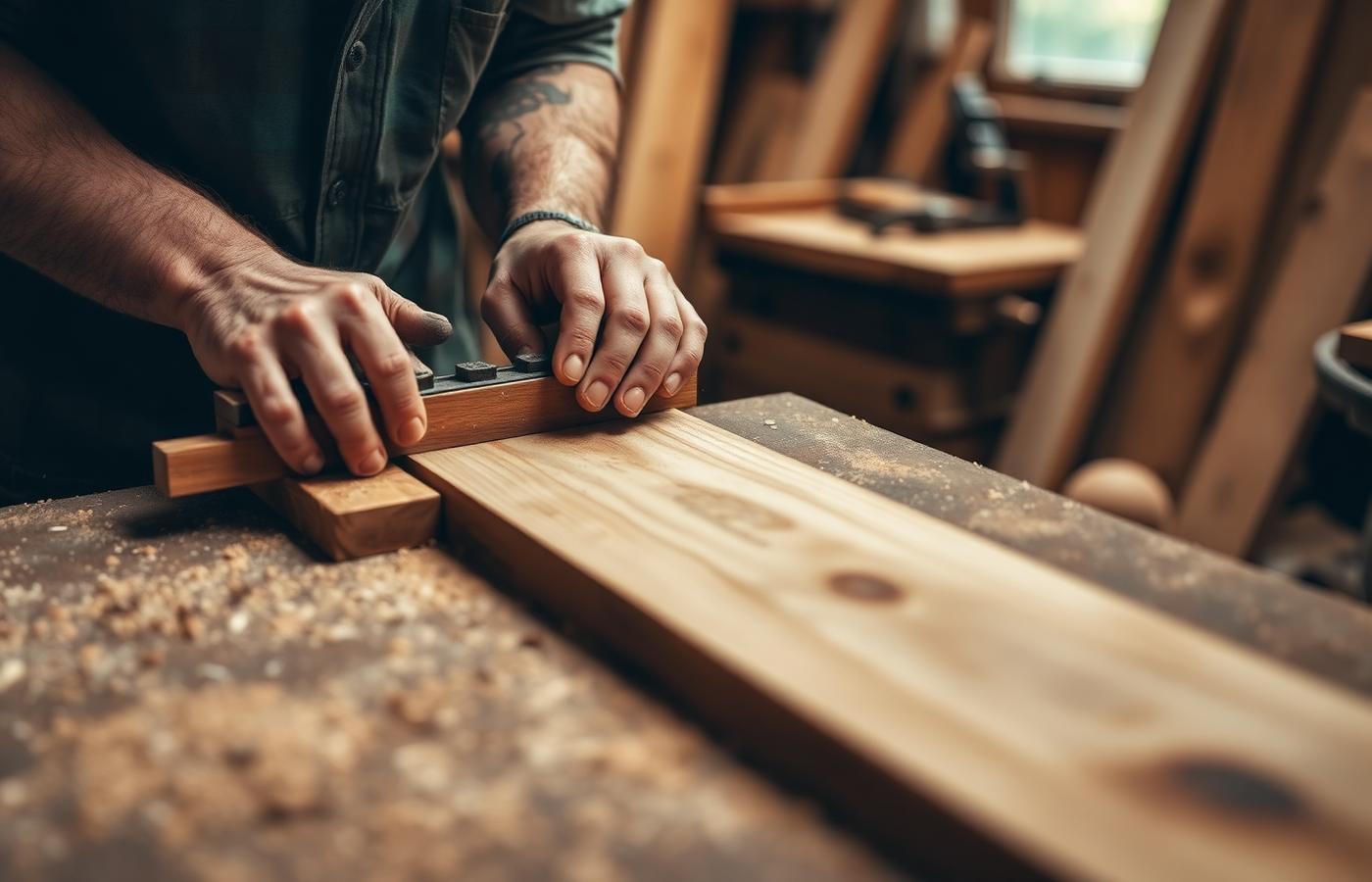 A woodworker planing an oak board in the workshop